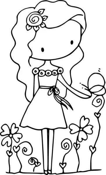 花の花束を持った黒いドレスの少女 — ストックベクタ