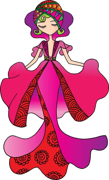 Vektor Ilustrasi Seorang Gadis Cantik Dengan Gaun Merah Muda - Stok Vektor