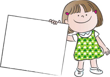 Küçük kız yazı için beyaz kağıt tutuyor.