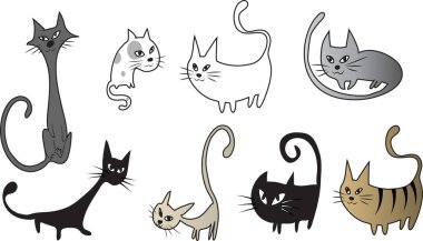 beyaz arkaplanda çizgi film kedileri, vektör illüstrasyonu