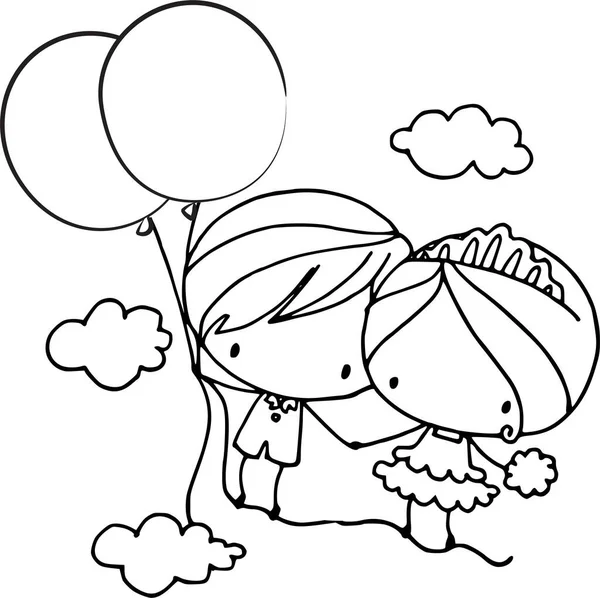 一个可爱的小女孩和一个带气球的男孩的黑白矢量图解 — 图库矢量图片