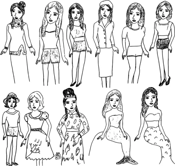 Ilustración Vectorial Conjunto Tres Chicas Diferentes — Archivo Imágenes Vectoriales