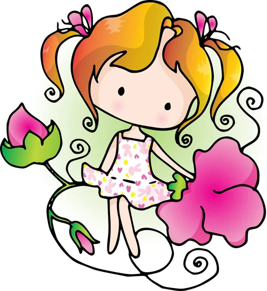 漂亮的小女孩 穿着粉红色的衣服 开着花 — 图库矢量图片