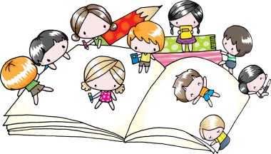 Kitap okuyan çocukların vektör çizimi