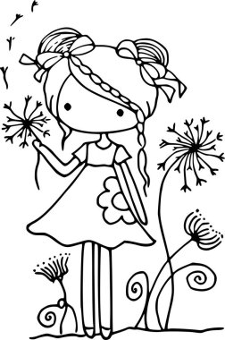 Çiçekli bir kızın siyah beyaz vektör çizimi