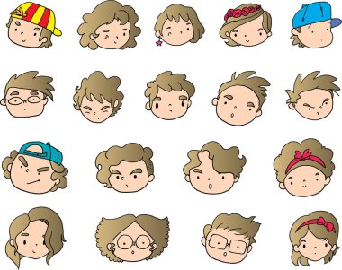 Farklı çocukların çizgi film yüzleri.