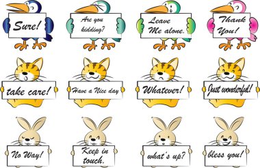 Kuşlar, kediler ve tavşanlardan oluşan vektör çizimleri