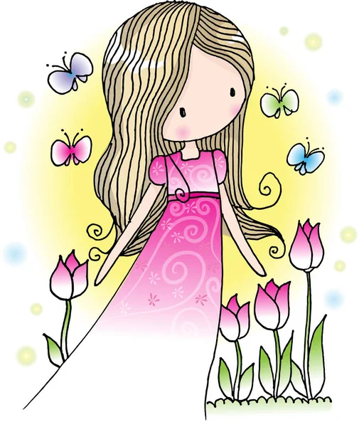 春に花を咲かせる女の子 — ストックベクタ