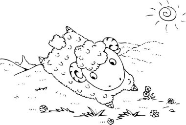 şirin bir koyunun siyah ve beyaz vektör çizimi