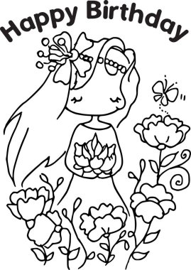 Elinde bir buket çiçekle küçük tatlı bir kızın siyah beyaz çizimleri.