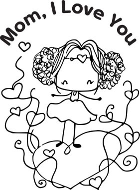 Siyah beyaz vektör çizimi. Küçük bir kızın çizgi film karakteri.