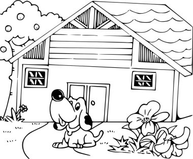 Şirin bir çizgi film karakteri olan bir çiftlik evinin siyah beyaz çizimi