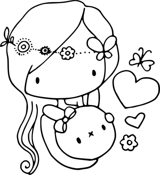Ασπρόμαυρη Εικονογράφηση Κινουμένων Σχεδίων Του Χαριτωμένο Κοριτσάκι Την Καρδιά Σημάδι — Διανυσματικό Αρχείο