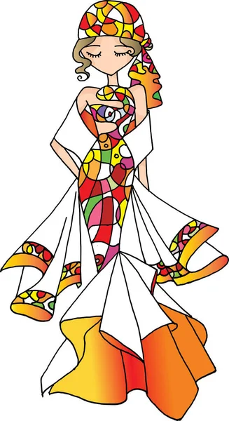 Ilustrasi Kartun Dari Seorang Gadis Dengan Kostum Tradisional - Stok Vektor