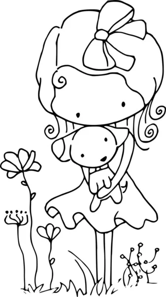 Черно Белая Иллюстрация Девушки Цветком — стоковый вектор