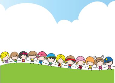 Çocuklar ve çocuklar parkta oynuyorlar.