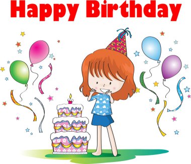 Tatlı kız doğum günü davetiyesi, içinde pasta ve hediye var.