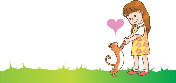 一个女孩和可爱的猫在绿草上的图片 — 图库矢量图片