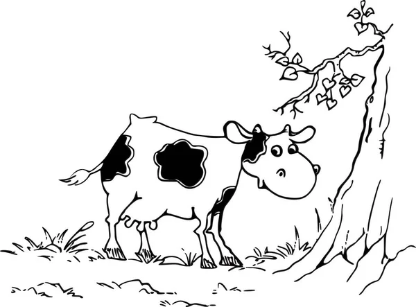 Ilustración Vectorial Una Vaca Dibujos Animados Con Árbol — Archivo Imágenes Vectoriales