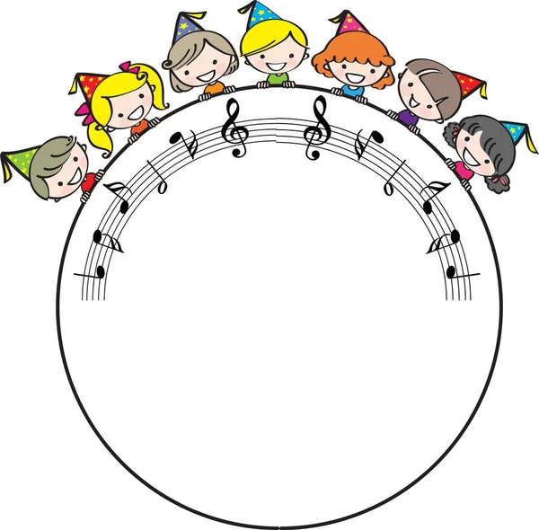 卡通片的孩子们围成一个圈 白色的画框上有乐谱 — 图库矢量图片