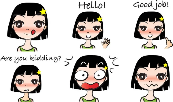 Cartoon Mädchen Mit Verschiedenen Gesichtsausdrücken Auf Dem Kopf Vektor Set — Stockvektor
