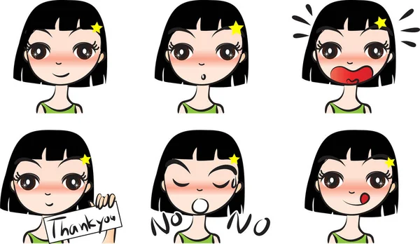 Cartoon Girls Various Expressions Head Vector Set — Stock Vector