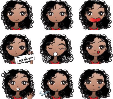 kafasında çeşitli ifadeler olan çizgi film kızları, vektör kümesi.