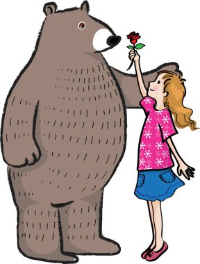 Elinde çiçek ve ayı olan bir kızın karikatür çizimi