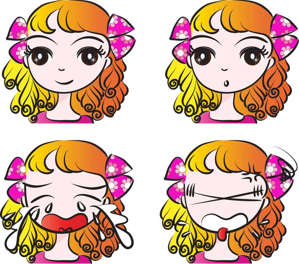 Desenho animado no estilo kawaii de uma linda garota com cabelo colorido  segurando uma boneca de cabelo cor-de-rosa