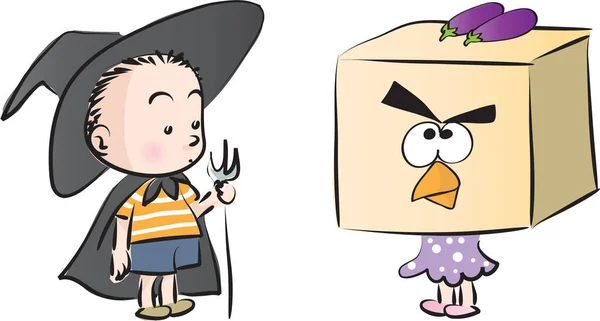 Personagens Desenhos Animados Menino Com Uma Menina Trajes Halloween — Vetor de Stock