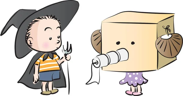 Personagens Desenhos Animados Menino Com Uma Menina Trajes Halloween — Vetor de Stock