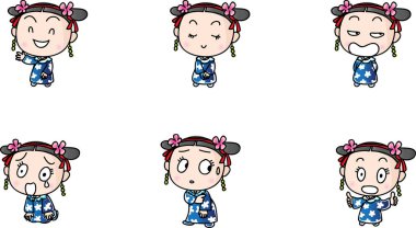 Çeşitli ifadeleri olan şirin çizgi film kızlarının vektör çizimi
