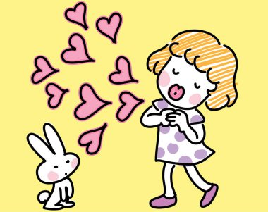 Çizgi film kızı, tavşan ve ısıtmanın vektör çizimi.