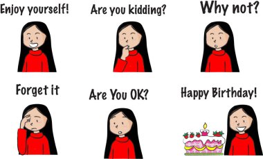 Kadının yüzünün vektör kümesi. Farklı duygular.