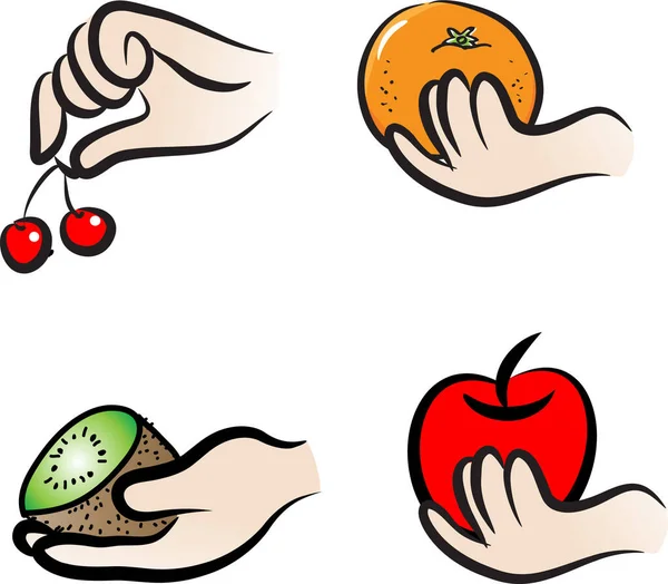 Conjunto Vetorial Mãos Com Frutas Ilustração Dos Desenhos Animados — Vetor de Stock