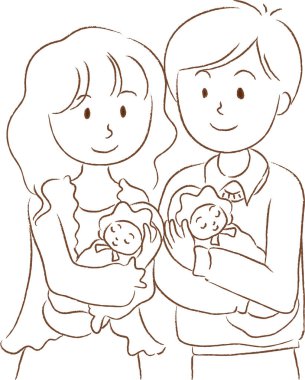 Vektör karı koca yeni doğan ikiz bebek taşıyor