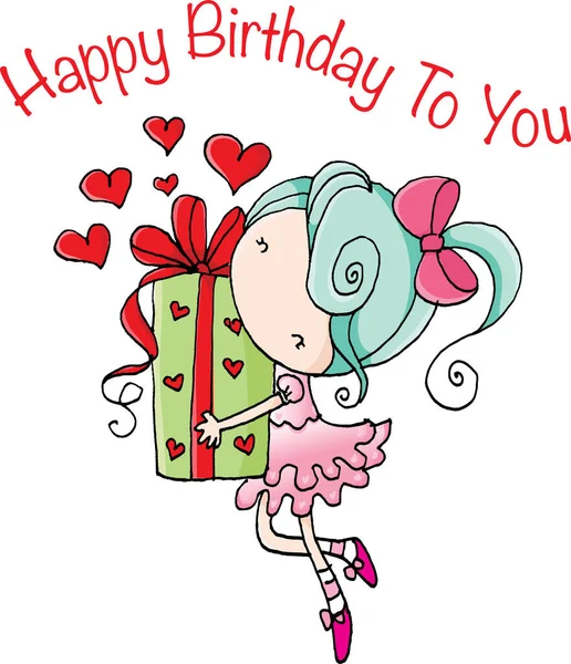 Vector Cartoon Girl Big Gift Happy Birthday You — Stock Vector