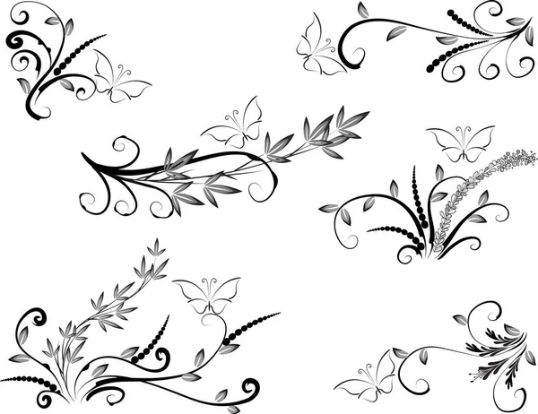 Vektorová Kresba Motýl Bambusové Rostliny Design Nastavit Pozadí — Stockový vektor