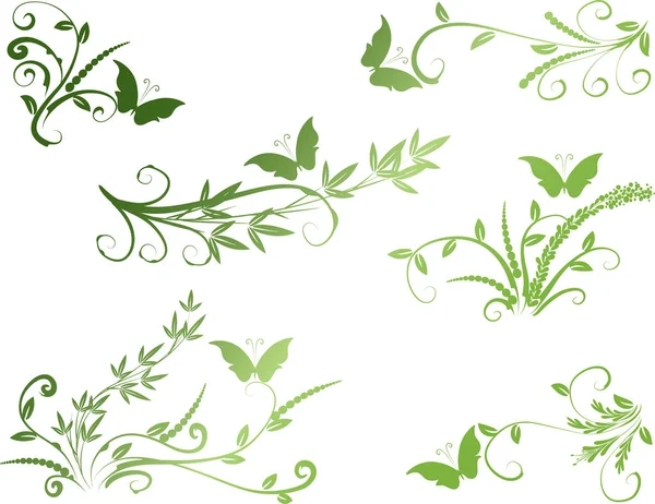 Vector Drawing Butterfly Bamboo Plant Design Set Background — Stock Vector