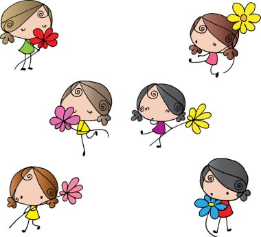 vektör karikatür kızları çiçek arkaplanını tutar