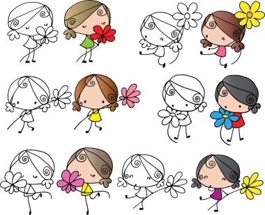 vektör karikatür kızları çiçek arkaplanını tutar