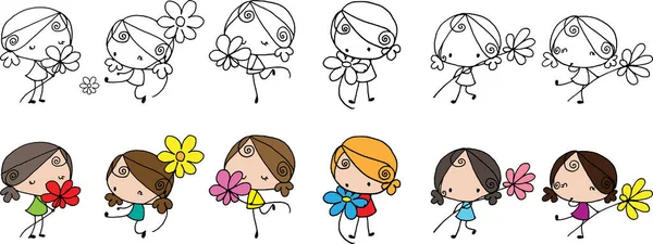 Vetor Desenhos Animados Meninas Segurar Flores Definir Fundo — Vetor de Stock