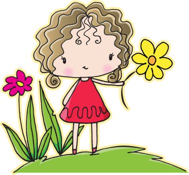 Vektör karikatür kızı çiçekleri bahçede tutar