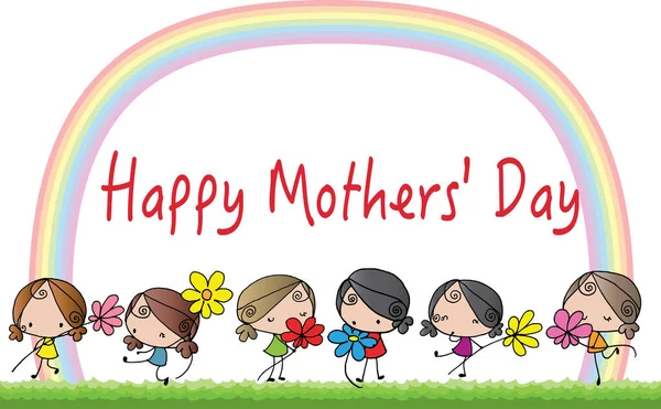 Happy Mother Day Card Vector Cartoon Girls Flowers — Vector de stock