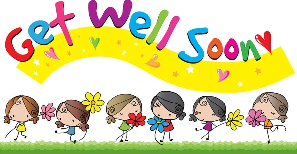 Get Well Soon Card Vector Cartoon Girls Flowers — Vector de stock