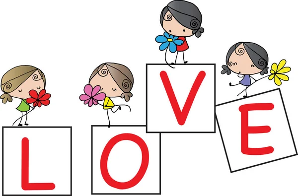 Love Card Vector Cartoon Girls Flowers — Archivo Imágenes Vectoriales
