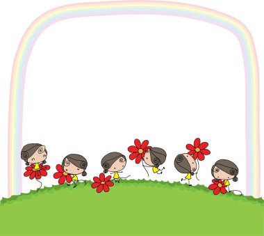 vektör karikatür kızları gökkuşağı kenarlık çerçeve arkaplanlı çiçekler tutar