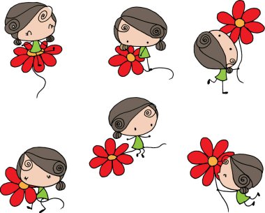 vektör çizgi film kızları çiçek seti tutun