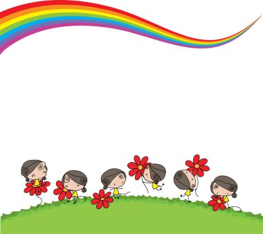 vektör karikatür kızları gökkuşağı kenarlık çerçeve arkaplanlı çiçekler tutar