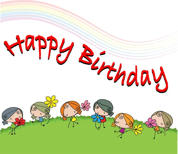 Vetor Desenhos Animados Meninas Segurar Flores Cartão Aniversário Feliz —  Vetores de Stock